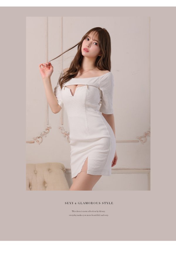画像11: XSサイズあり【Glossy/グロッシー】袖あり/ バストジッパー/ リブニット/ ワンカラー/ 半袖/ オフショル/ ストレッチ/ タイト/ ミニドレス/ キャバドレス【OF08】