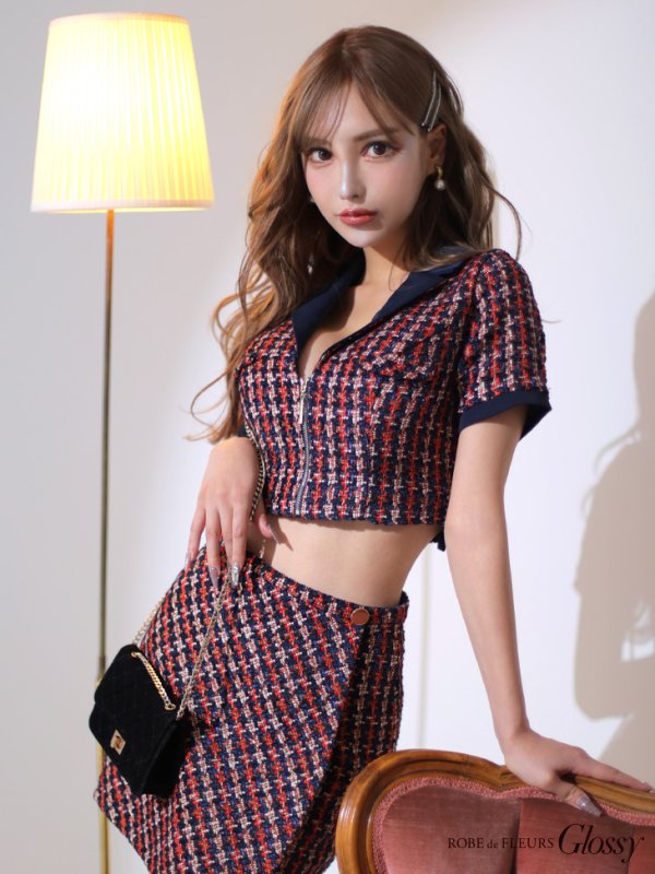 画像2: XSサイズあり【ROBE de FLEURS Glossy/ローブ・ド・フルール グロッシー】セットアップ/ チェック/ ツイード/ 半袖/ フロントジップ/ タイト/ ミニドレス/ キャバドレス[OF2]