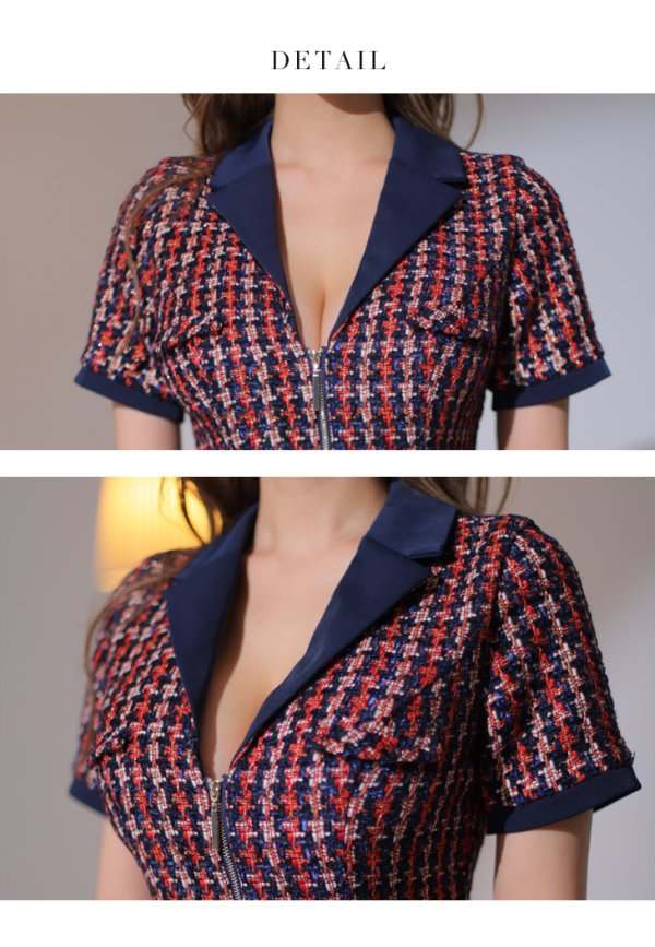 画像26: XSサイズあり【Glossy/グロッシー】セットアップ/ チェック/ ツイード/ 半袖/ フロントジップ/ タイト/ ミニドレス/ キャバドレス【OF08】