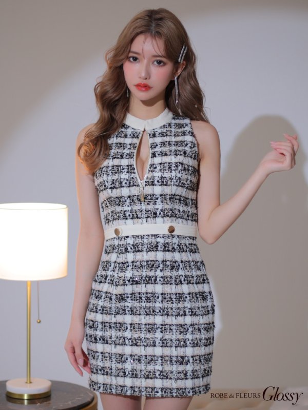 画像4: XSサイズあり【Glossy/グロッシー】フロントジッパー/ チェック柄ツイード/ ツイード/ ノースリーブ/ タイト/ ミニドレス/ キャバドレス【OF08】