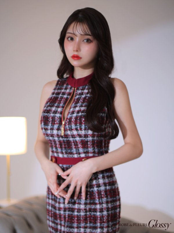 画像5: XSサイズあり【Glossy/グロッシー】フロントジッパー/ チェック柄ツイード/ ツイード/ ノースリーブ/ タイト/ ミニドレス/ キャバドレス【OF08】