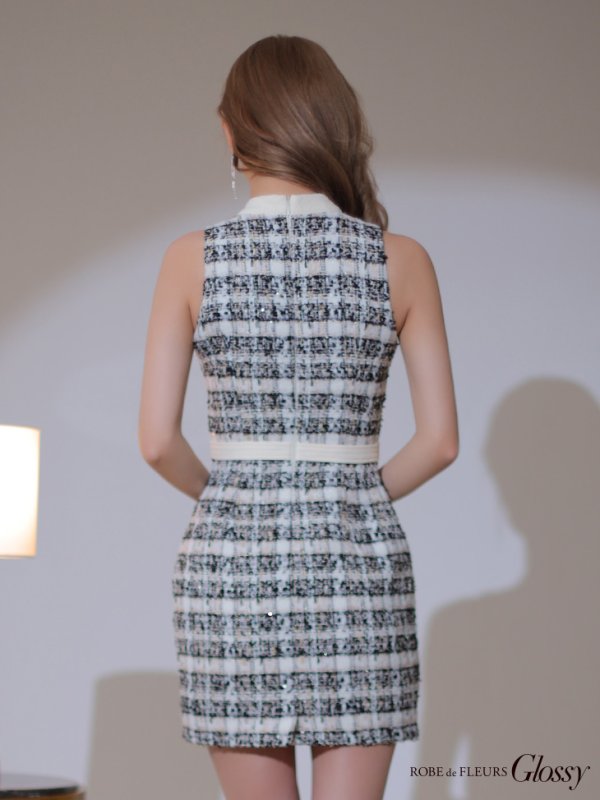 画像9: XSサイズあり【Glossy/グロッシー】フロントジッパー/ チェック柄ツイード/ ツイード/ ノースリーブ/ タイト/ ミニドレス/ キャバドレス【OF08】