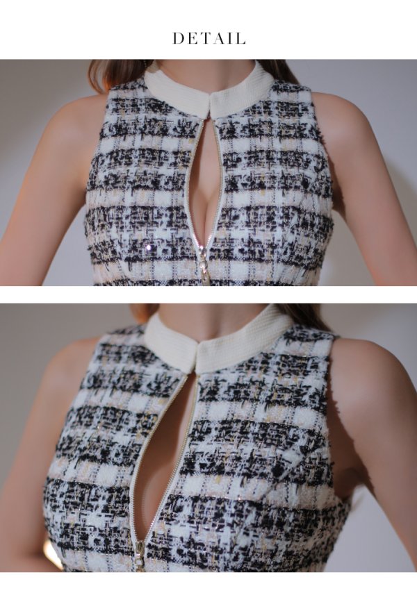 画像13: XSサイズあり【Glossy/グロッシー】フロントジッパー/ チェック柄ツイード/ ツイード/ ノースリーブ/ タイト/ ミニドレス/ キャバドレス【OF08】