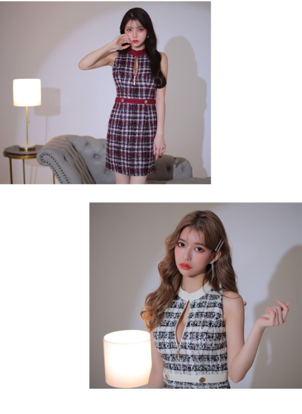 画像10: XSサイズあり【Glossy/グロッシー】フロントジッパー/ チェック柄ツイード/ ツイード/ ノースリーブ/ タイト/ ミニドレス/ キャバドレス【OF08】