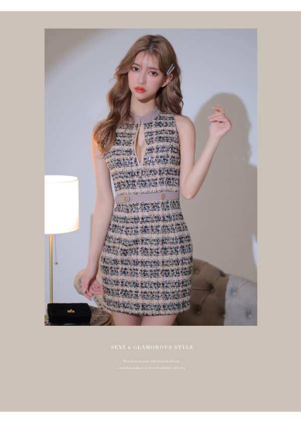 画像11: XSサイズあり【Glossy/グロッシー】フロントジッパー/ チェック柄ツイード/ ツイード/ ノースリーブ/ タイト/ ミニドレス/ キャバドレス【OF08】