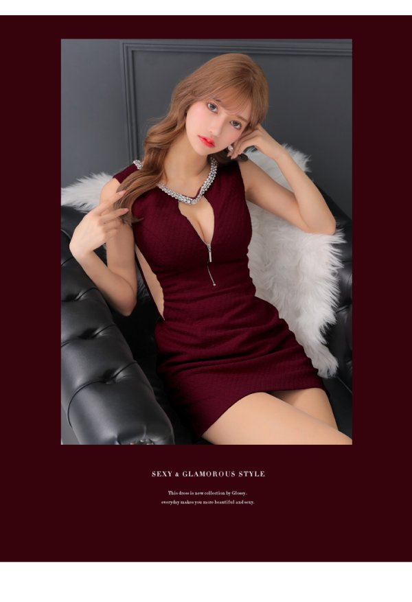 画像10: XSサイズあり【Glossy/グロッシー】フロントジッパー/ ビジュー/ ワッフル/ サイドシアー/ ノースリーブ/ シンプル/ ワンカラー/ タイト/ ミニドレス/ キャバドレス【OF08】