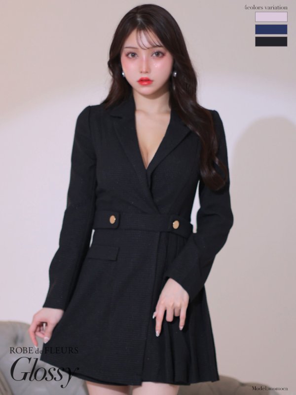 画像5: XS-Lサイズあり【Glossy/グロッシー】スーツライク/ プリーツスカート/ インナーボトムス付/ ツイード/ ワンピース/ミニドレス/ キャバドレス【OF08】