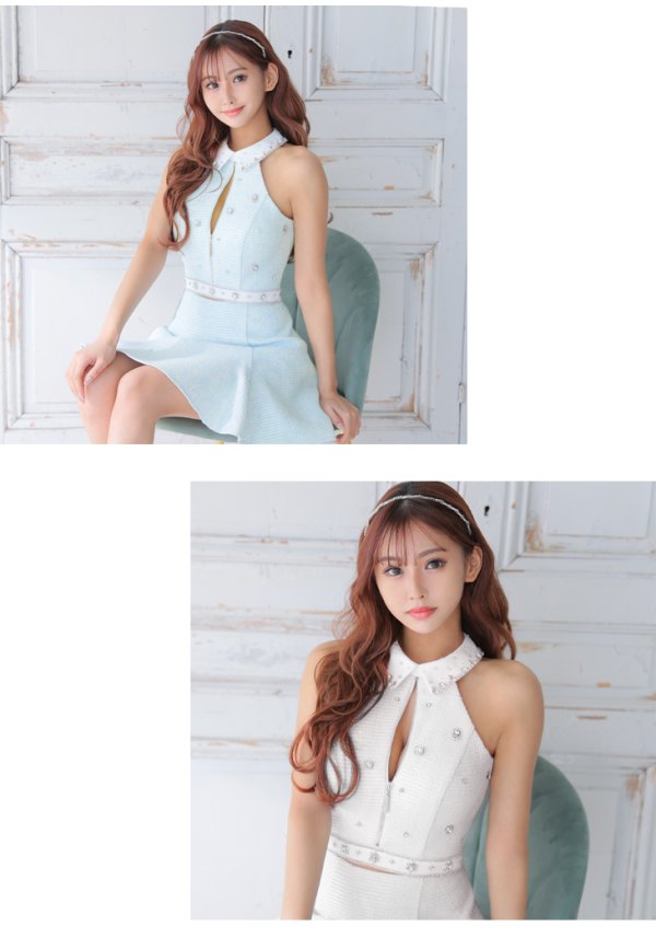 画像9: XSサイズあり【ROBE de FLEURS/ローブドフルール】ツイード/ ジップ/ 襟付き/ ホルター/ ビジュー/ フレア/ セットアップ/ ミニドレス/ キャバドレス[OF08]