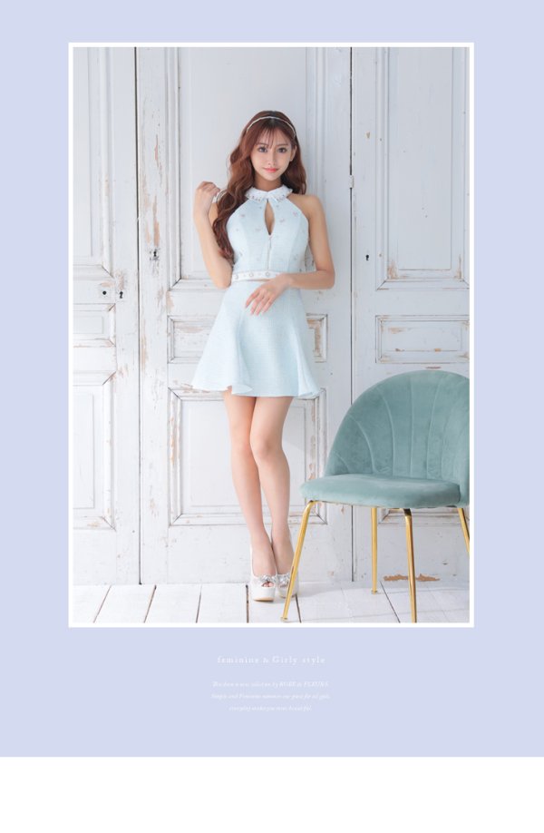 画像10: XSサイズあり【ROBE de FLEURS/ローブドフルール】ツイード/ ジップ/ 襟付き/ ホルター/ ビジュー/ フレア/ セットアップ/ ミニドレス/ キャバドレス[OF08]