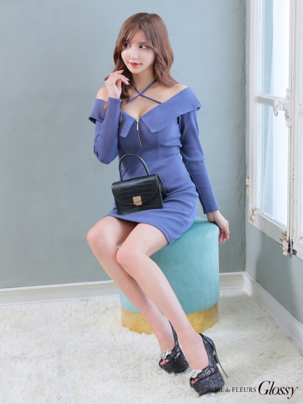 画像6: XSサイズあり【Glossy/グロッシー】フロントジッパー/ オフショルダー/ リブニット/ 袖あり/ 長袖/ シンプル/ ワンカラー/ ストレッチ/ タイト/ ミニドレス/ キャバドレス[OF08]