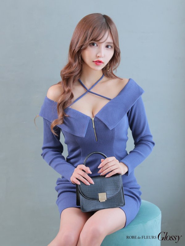 画像7: XSサイズあり【Glossy/グロッシー】フロントジッパー/ オフショルダー/ リブニット/ 袖あり/ 長袖/ シンプル/ ワンカラー/ ストレッチ/ タイト/ ミニドレス/ キャバドレス[OF08]