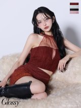 XSサイズあり【Glossy/グロッシー】ホルターネック/ ラメニット/ セットアップ/ バックリボン/ シアー/ タイト/ ミニドレス/ キャバドレス[OF08]【一部予約商品/10月中旬発送予定】