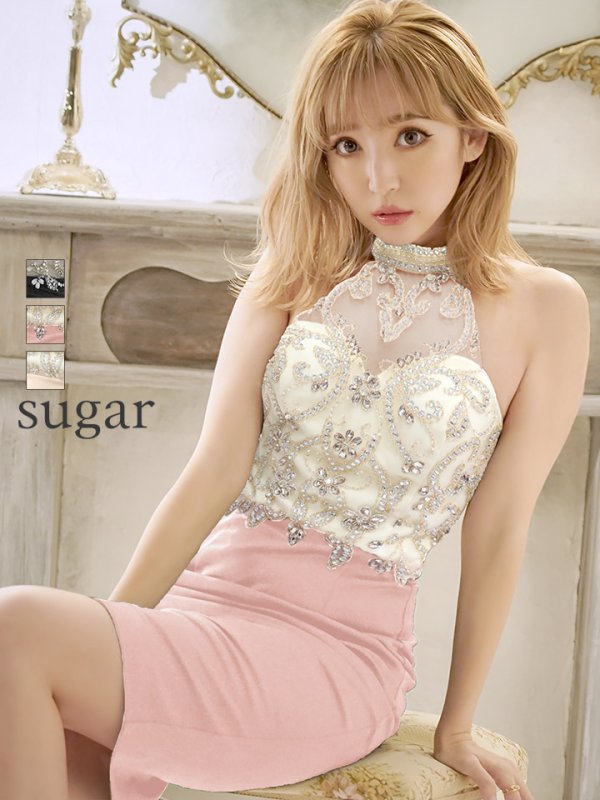 Lサイズあり【Alice/アリス】ホルターネック/ ビジュー/アメスリ/ ミニドレス/ キャバドレス ピンク