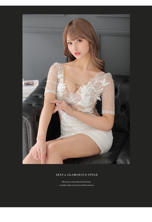 画像2: XSサイズあり【ROBE de FLEURS Glossy/ローブ・ド・フルール グロッシー】刺繍レース/ バストビジュー/ 袖あり/ 総レース/ ワンカラー/ タイト/ ミニドレス/ キャバドレス[OF2]