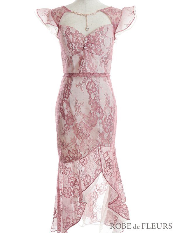 画像12: XSサイズあり【ROBE de FLEURS/ローブドフルール】マーメイド/ レース/ オーガンジー/ バストチャーム/ フリルショルダー/ セットアップ/ ひざ丈/ ミディアムドレス/ キャバドレス[OF08]