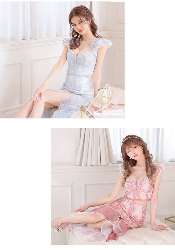 画像6: XSサイズあり【ROBE de FLEURS/ローブドフルール】マーメイド/ レース/ オーガンジー/ バストチャーム/ フリルショルダー/ セットアップ/ ひざ丈/ ミディアムドレス/ キャバドレス[OF08]