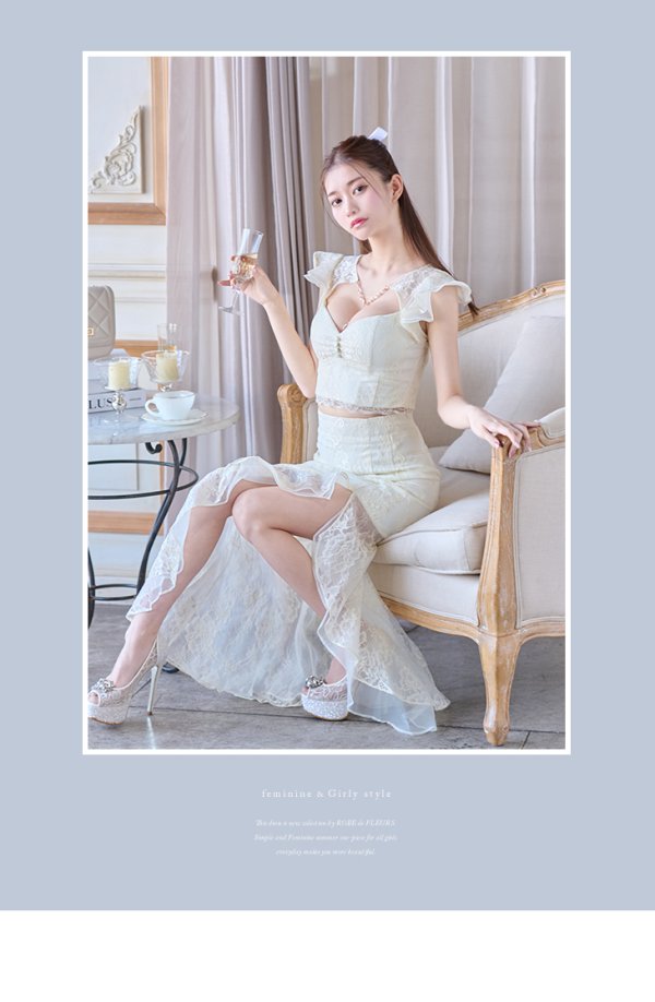 画像7: XSサイズあり【ROBE de FLEURS/ローブドフルール】マーメイド/ レース/ オーガンジー/ バストチャーム/ フリルショルダー/ セットアップ/ ひざ丈/ ミディアムドレス/ キャバドレス[OF08]