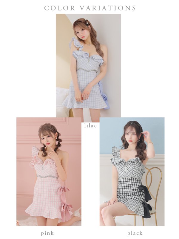 画像15: XSサイズあり【ROBE de FLEURS/ローブドフルール】チェック柄ツイード/ リボンワンショルダー/ マーメイド/ フリル/ ジップ/ ビジュー/ ミニドレス/ キャバドレス[OF08]