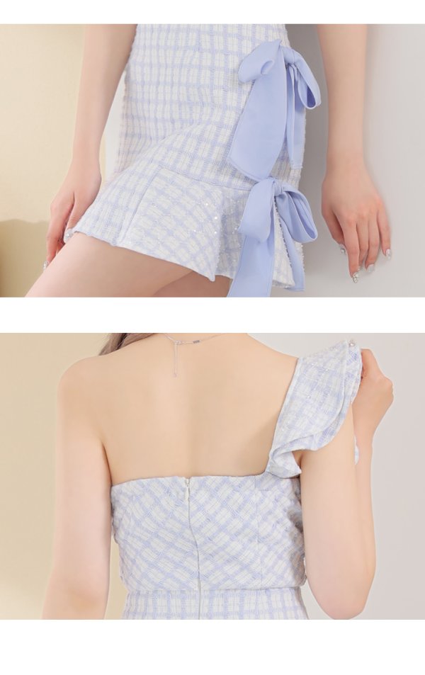 画像20: XSサイズあり【ROBE de FLEURS/ローブドフルール】チェック柄ツイード/ リボンワンショルダー/ マーメイド/ フリル/ ジップ/ ビジュー/ ミニドレス/ キャバドレス[OF08]