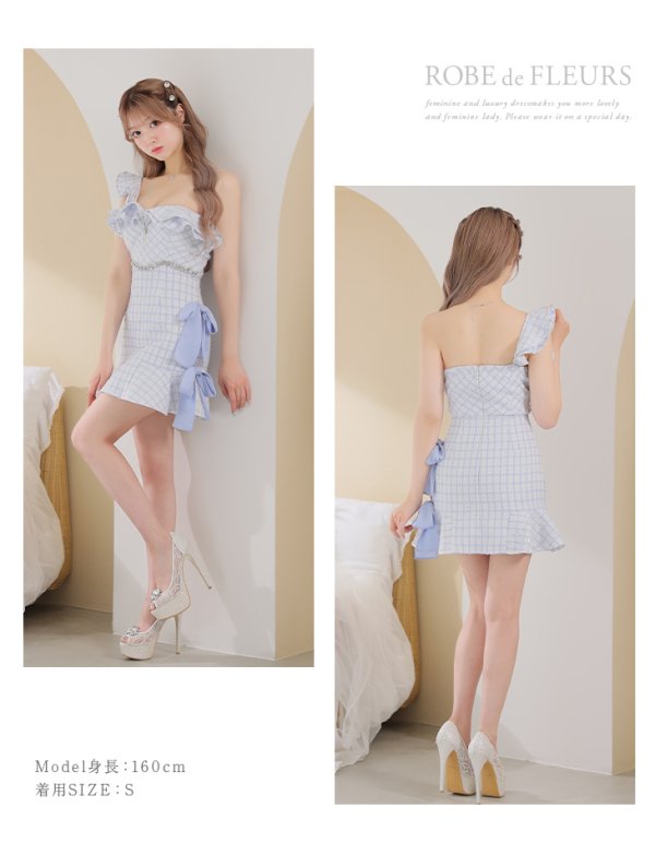 画像9: XSサイズあり【ROBE de FLEURS/ローブドフルール】チェック柄ツイード/ リボンワンショルダー/ マーメイド/ フリル/ ジップ/ ビジュー/ ミニドレス/ キャバドレス[OF08]