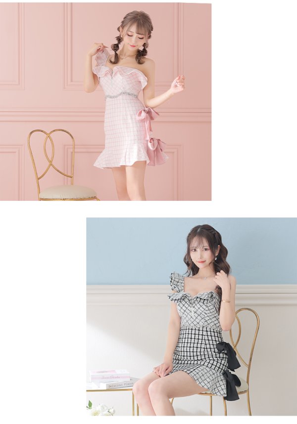 画像7: XSサイズあり【ROBE de FLEURS/ローブドフルール】チェック柄ツイード/ リボンワンショルダー/ マーメイド/ フリル/ ジップ/ ビジュー/ ミニドレス/ キャバドレス[OF08]