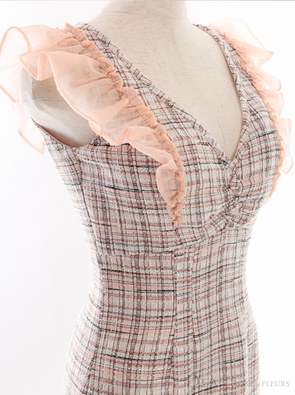 画像10: Lサイズあり【DEA./ディア】マーメイド/ チェックツイード/ フリルショルダー/ ミディドレス/ キャバドレス【OF08】