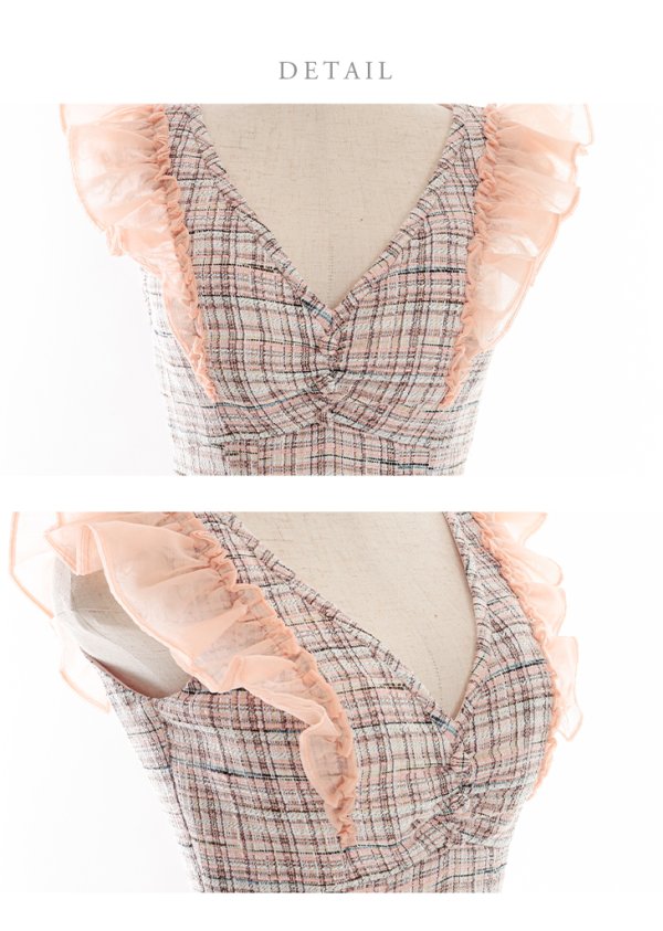 画像12: Lサイズあり【DEA./ディア】マーメイド/ チェックツイード/ フリルショルダー/ ミディドレス/ キャバドレス【OF08】