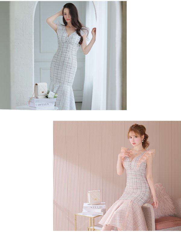 画像8: Lサイズあり【DEA./ディア】マーメイド/ チェックツイード/ フリルショルダー/ ミディドレス/ キャバドレス【OF08】