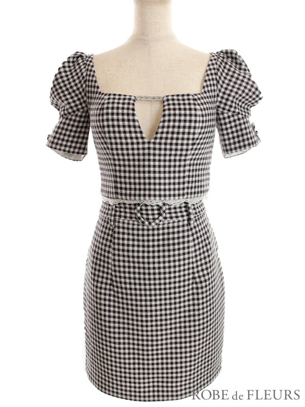 画像12: XSサイズあり【ROBE de FLEURS/ローブドフルール】ギンガムチェック/ レース/ ビジュー/ セットアップ/ 半袖/ 袖あり/ ミニドレス/ キャバドレス[OF08]