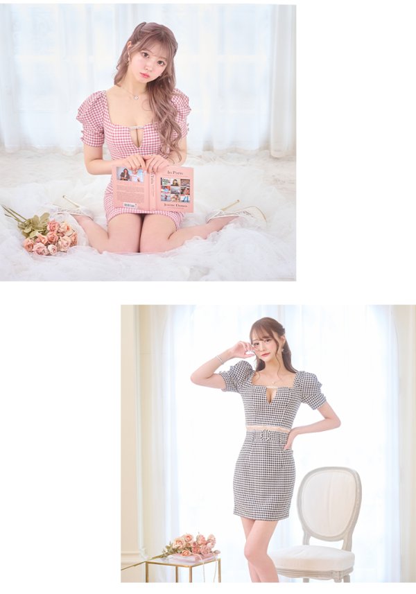 画像7: XSサイズあり【ROBE de FLEURS/ローブドフルール】ギンガムチェック/ レース/ ビジュー/ セットアップ/ 半袖/ 袖あり/ ミニドレス/ キャバドレス[OF08]