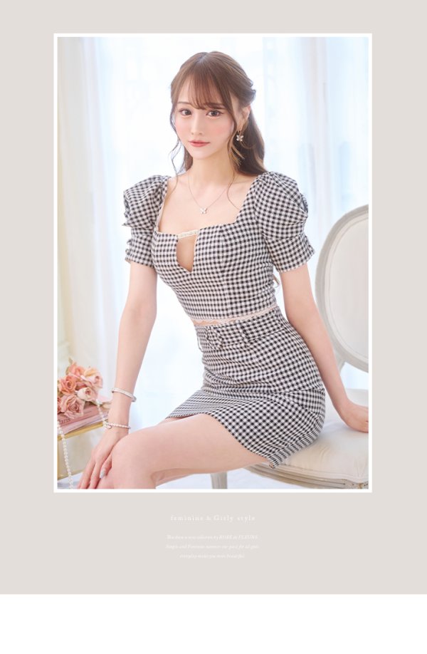 画像8: XSサイズあり【ROBE de FLEURS/ローブドフルール】ギンガムチェック/ レース/ ビジュー/ セットアップ/ 半袖/ 袖あり/ ミニドレス/ キャバドレス[OF08]