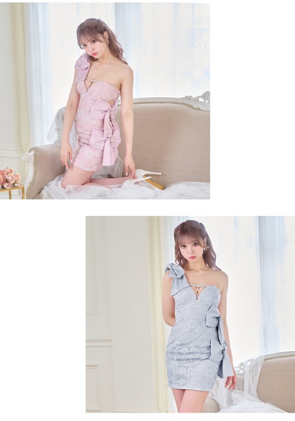 画像4: XSサイズあり【ROBE de FLEURS/ローブドフルール】フラワーレース/ リボンワンショルダー/ アシンメトリー/ ビジュー/タイト/ ミニドレス/ キャバドレス[OF08]