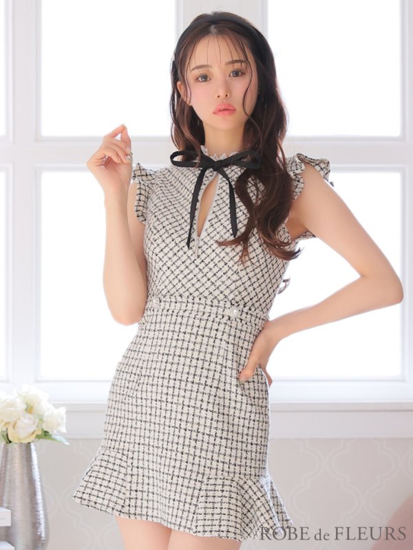 画像9: XSサイズあり【ROBE de FLEURS/ローブドフルール】チェックツイード/ マーメイド/ ネックリボン/ ジップ/ フリルショルダー/ ミニドレス/ キャバドレス[OF08]