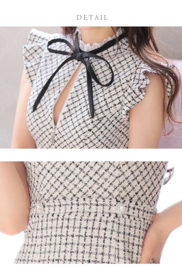 画像13: XSサイズあり【ROBE de FLEURS/ローブドフルール】チェックツイード/ マーメイド/ ネックリボン/ ジップ/ フリルショルダー/ ミニドレス/ キャバドレス[OF08]