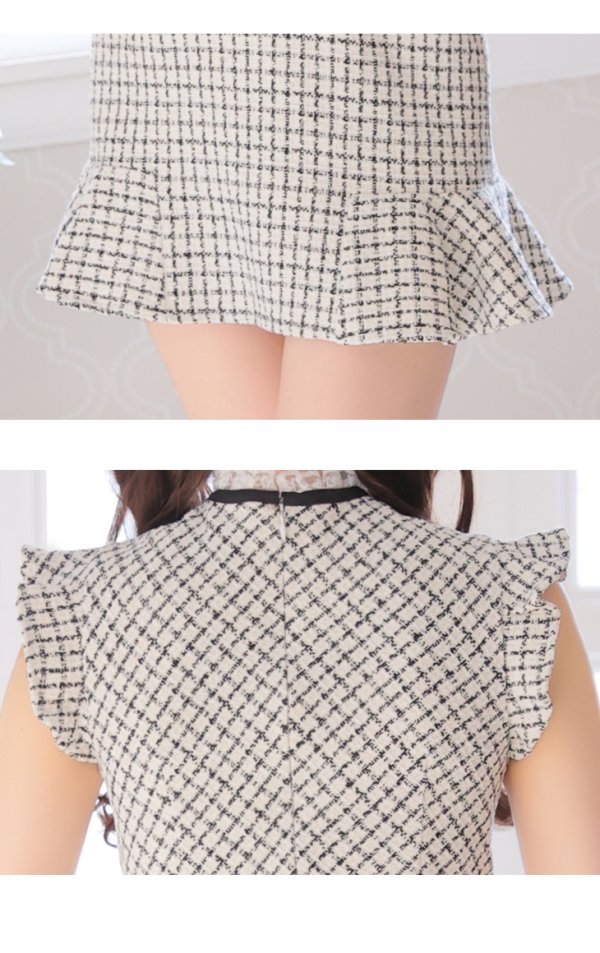 画像14: XSサイズあり【ROBE de FLEURS/ローブドフルール】チェックツイード/ マーメイド/ ネックリボン/ ジップ/ フリルショルダー/ ミニドレス/ キャバドレス[OF08]