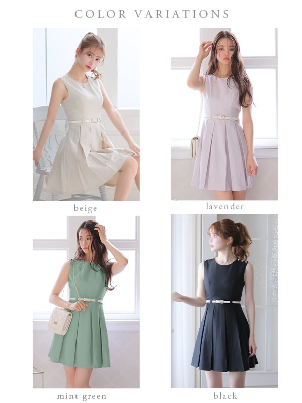 画像15: Lサイズあり【DEA./ディア】ワンカラー/ ノースリーブ/ ベルト付き/ プリーツ/ フレア/ ワンピース/ ミニドレス/ キャバドレス【OF08】