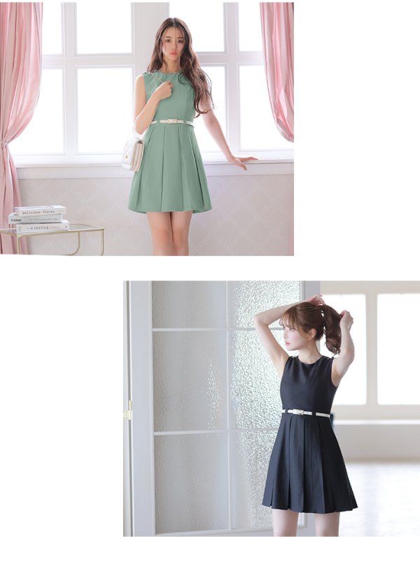 画像5: Lサイズあり【DEA./ディア】ワンカラー/ ノースリーブ/ ベルト付き/ プリーツ/ フレア/ ワンピース/ ミニドレス/ キャバドレス【OF08】