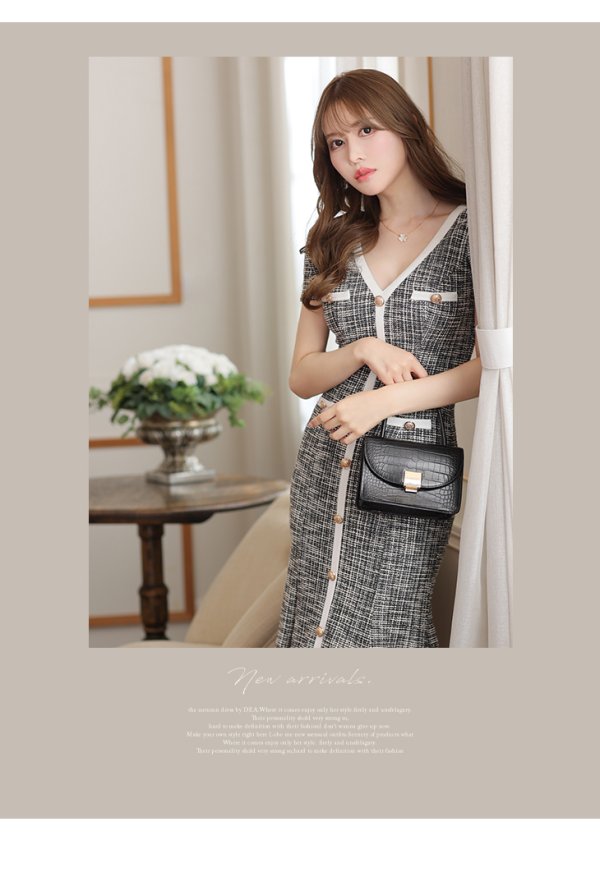 画像3: Lサイズあり【DEA./ディア】ツイードライクニット/ マーメード/ 半袖/ 袖あり/ ミモレ丈/ ミディアムドレス/ キャバドレス【OF08】