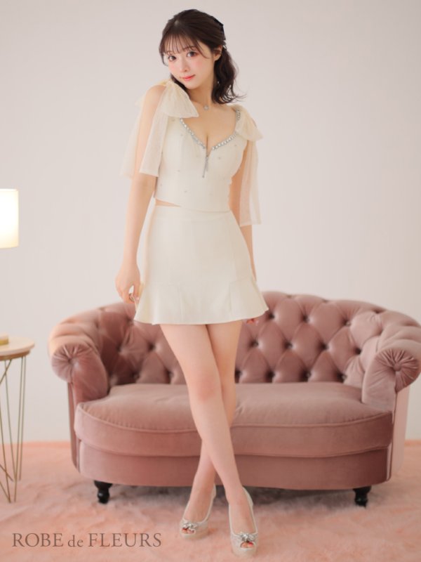 画像3: XSサイズあり【ROBE de FLEURS/ローブドフルール】オーガンジーリボン/ デコルテビジュー/ ノースリーブ/ フレア/ セットアップ/ ミニドレス/ キャバドレス[OF08]