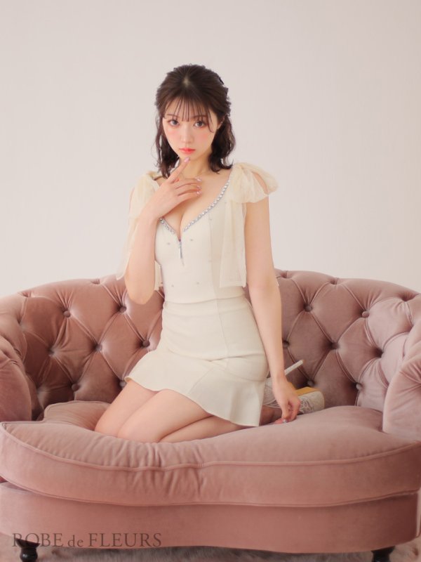 画像5: XSサイズあり【ROBE de FLEURS/ローブドフルール】オーガンジーリボン/ デコルテビジュー/ ノースリーブ/ フレア/ セットアップ/ ミニドレス/ キャバドレス[OF08]