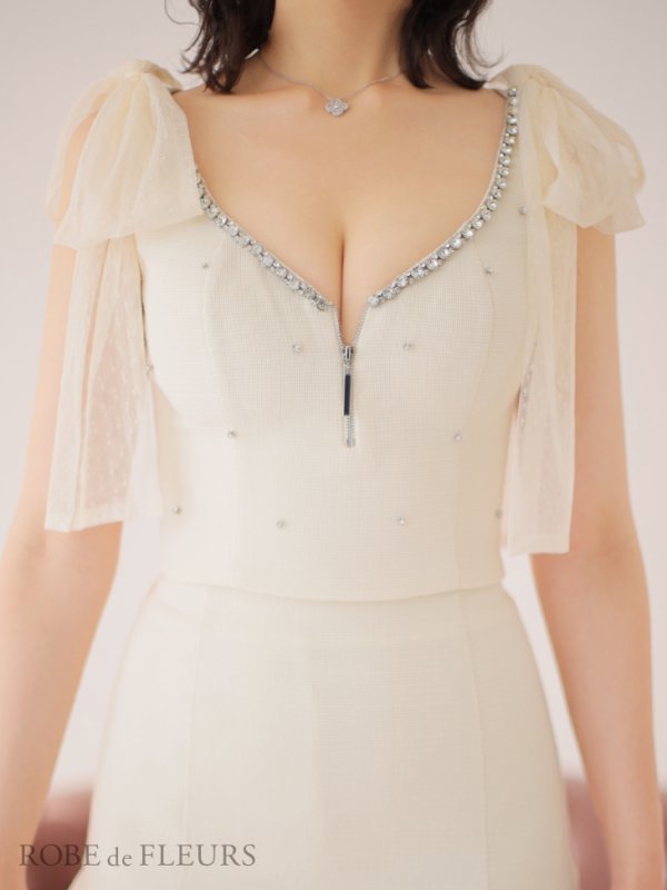 画像7: XSサイズあり【ROBE de FLEURS/ローブドフルール】オーガンジーリボン/ デコルテビジュー/ ノースリーブ/ フレア/ セットアップ/ ミニドレス/ キャバドレス[OF08]