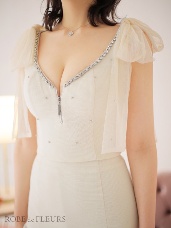 画像8: XSサイズあり【ROBE de FLEURS/ローブドフルール】オーガンジーリボン/ デコルテビジュー/ ノースリーブ/ フレア/ セットアップ/ ミニドレス/ キャバドレス[OF08]