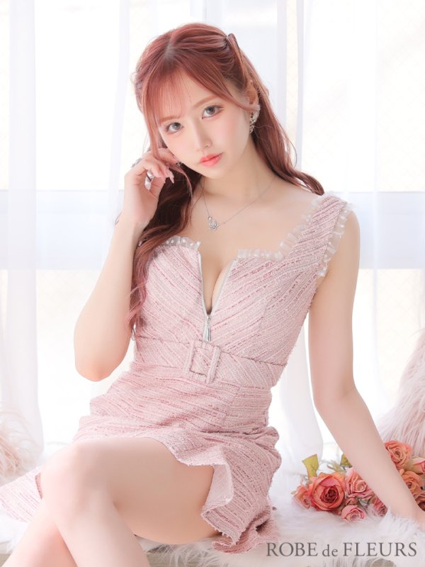 画像5: XSサイズあり【ROBE de FLEURS/ローブドフルール】サマーツイード/ フリル裾/ マーメイド/ フロントジップ/ ドットチュール/ ミニドレス/ キャバドレス[OF08]