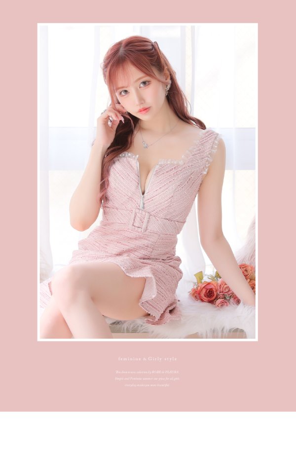 画像10: XSサイズあり【ROBE de FLEURS/ローブドフルール】サマーツイード/ フリル裾/ マーメイド/ フロントジップ/ ドットチュール/ ミニドレス/ キャバドレス[OF08]