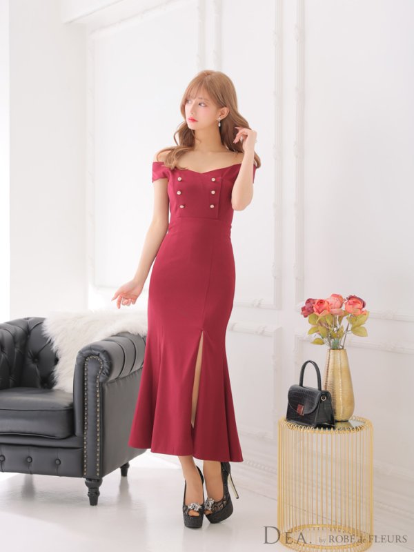 画像21: Lサイズあり【DEA./ディア】マーメイド/ オフショル/ チェーンストラップ/ ワンカラー/ スリット/ ミモレ丈/ ミディドレス/ キャバドレス【OF08】