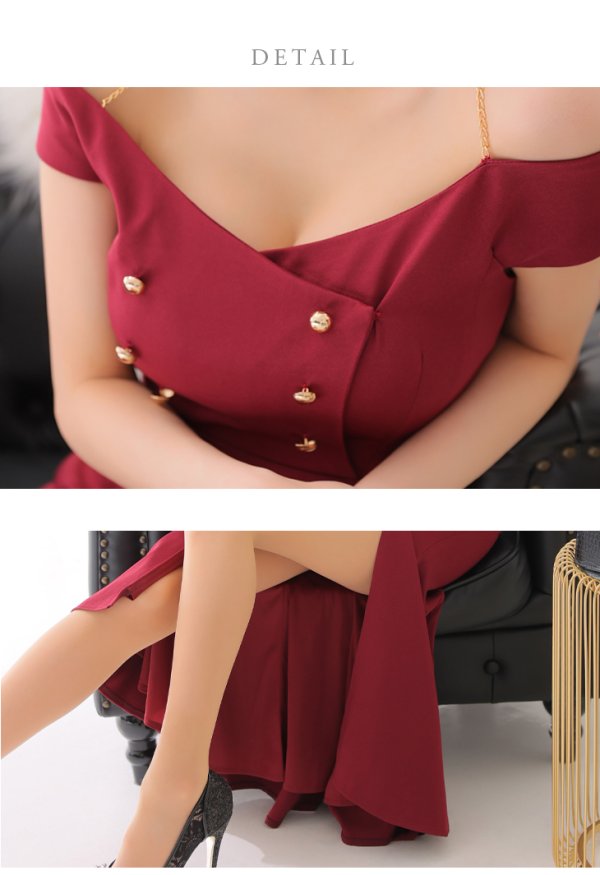 画像24: Lサイズあり【DEA./ディア】マーメイド/ オフショル/ チェーンストラップ/ ワンカラー/ スリット/ ミモレ丈/ ミディドレス/ キャバドレス【OF08】