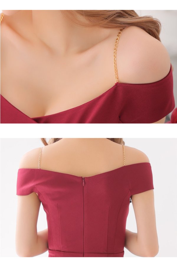 画像25: Lサイズあり【DEA./ディア】マーメイド/ オフショル/ チェーンストラップ/ ワンカラー/ スリット/ ミモレ丈/ ミディドレス/ キャバドレス【OF08】