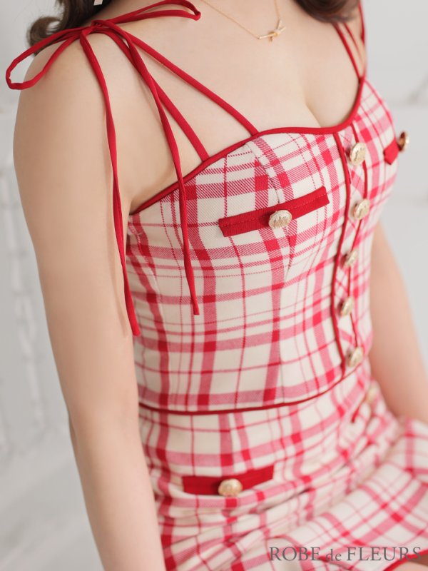画像11: sugarコラボ商品☆【XSサイズあり】【ROBE de FLEURS/ローブドフルール】チェック柄/ マーメイド/ ショルダーリボン/ キャミソール/ セットアップ/ ミニドレス/ キャバドレス[OF08]