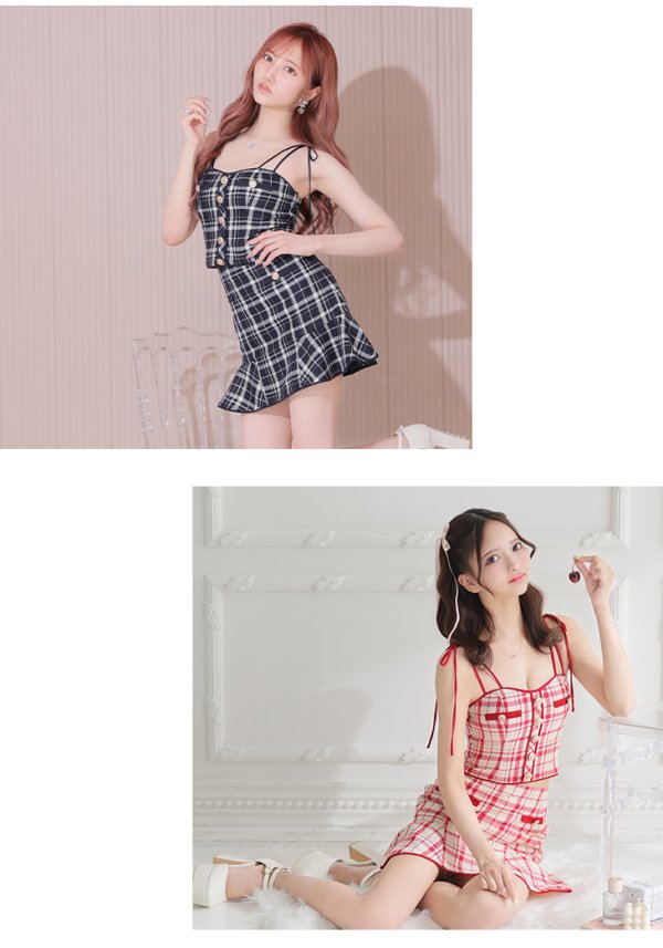 画像4: sugarコラボ商品☆【XSサイズあり】【ROBE de FLEURS/ローブドフルール】チェック柄/ マーメイド/ ショルダーリボン/ キャミソール/ セットアップ/ ミニドレス/ キャバドレス[OF08]