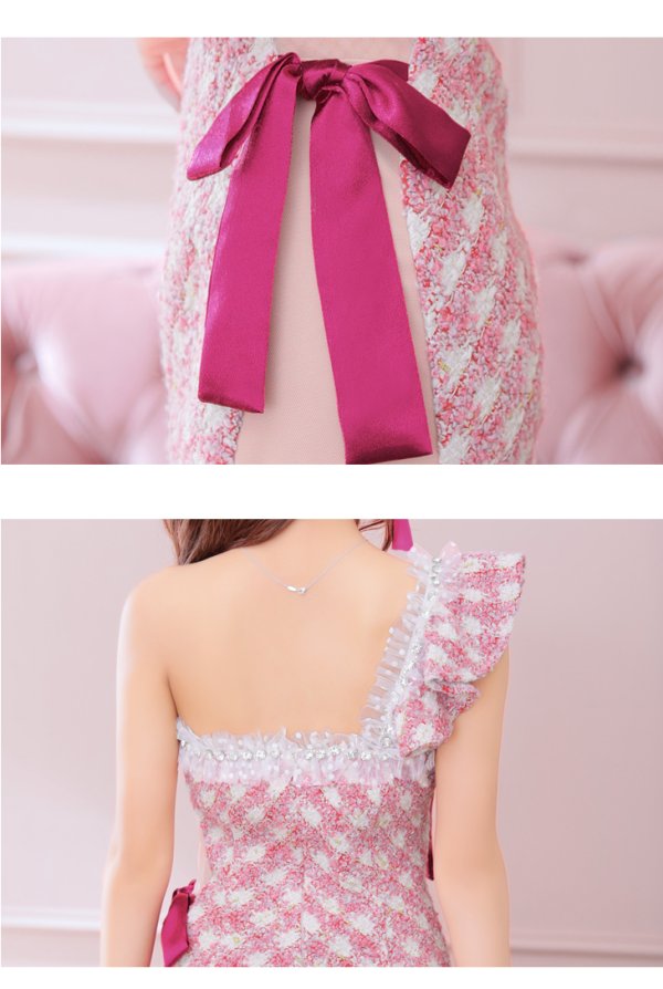 画像10: sugar限定コラボ☆XS-Lサイズあり【ROBE de FLEURS/ローブドフルール】ツイード/ リボン/ ワンショルダー/ フロントジップ/ タイト/ ミニドレス/ キャバドレス[OF08]